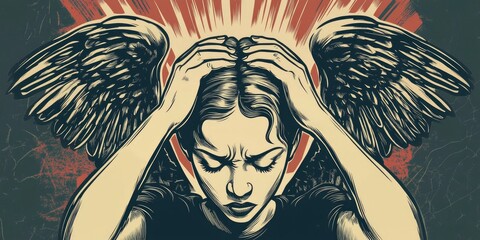 abstract art of a person with their hands on head, wing and horn on head