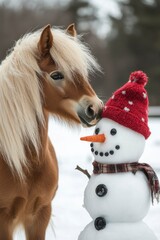 a cute pony kissing a snowman wearing a red hat on winter landscape background