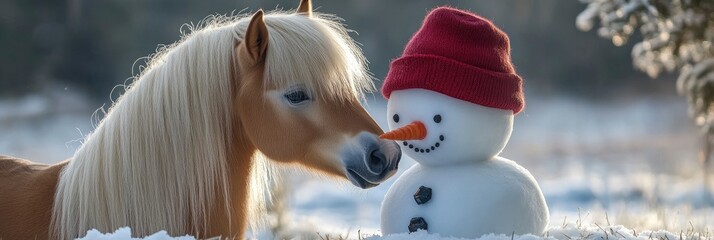 a cute pony kissing a snowman wearing a red hat on winter landscape background