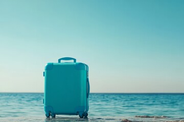 A blue suitcase stands on the shore of an ocean
