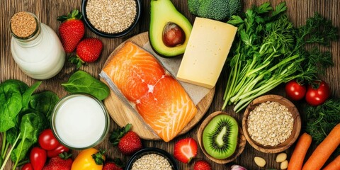 various healthy foods, including fish and vegetables, on the table with milk in glass bottle on wooden table, including salmon fillet, kiwi fruit, carrot, tomato, green leaves and grain