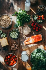 various healthy foods, including fish and vegetables, on the table with milk in glass bottle on wooden table, including salmon fillet, kiwi fruit, carrot, tomato, green leaves and grain