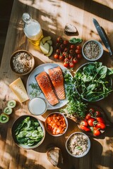 various healthy foods, including fish and vegetables, on the table with milk in glass bottle on wooden table, including salmon fillet, kiwi fruit, carrot, tomato, green leaves and grain