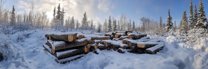 A pile of felled trees in the snow with a forest in the background