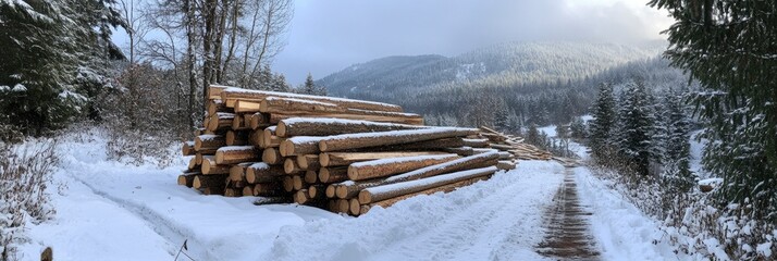 A pile of felled trees in the snow with a forest in the background