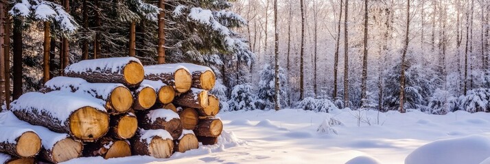 A pile of felled trees in the snow with a forest in the background