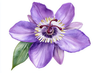 Watercolor painting of vibrant purple passionflower with green leaves