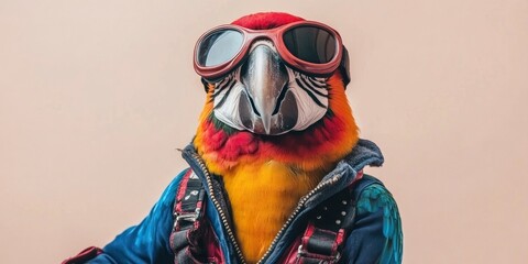 a colorful parrot in a pilot outfit with goggles on blur beige background