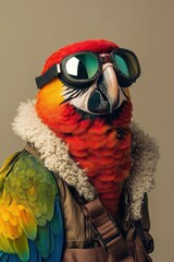 a colorful parrot in a pilot outfit with goggles on blur beige background