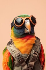 a colorful parrot in a pilot outfit with goggles on blur beige background