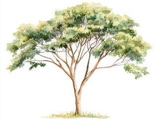 Watercolor painting of broadleaf tree with lush green foliage