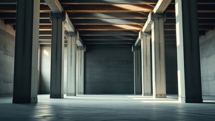 Sunlit Industrial Interior  Vast Concrete Columns and Beams in a Modern Structure