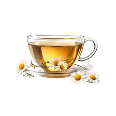 A glass cup of chamomile tea with flowers isolated on a transparent background, in PNG format, Herbal tea PNG