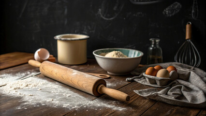 A Wooden Rolling Pin on a Flour-Dusted Table with Baking Ingredients and a Dramatic Black Wall Background