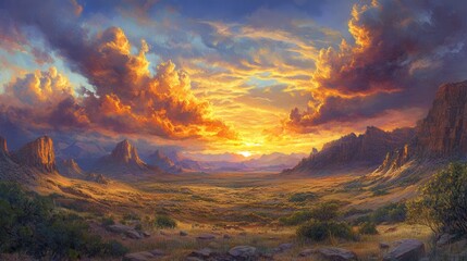 Fototapeta premium Dramatic mountain landscapes bathed in the beautiful orange, red, and yellow light of sunrise and sunset under a vast sky of clouds