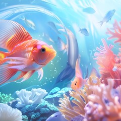 Fototapeta premium Goldfish with orange and white coloring swimming in a vibrant blue water, showcasing the contrast and beauty of the underwater world and Colorful fish swimming in vibrant coral reef.