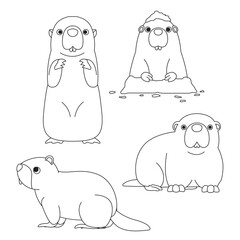 Groundhog Day Marmot Woodchuck Cartoon Character Black and White Coloring Book Vector Set 3