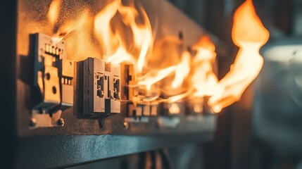 Overload short circuit in an old and grunge fuse box causing fire and burn due to excessive heat, depicting electrical hazards and damaged wiring in a neglected electrical system