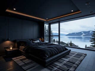 Luxurious Modern Black Bedroom with Stunning Lake and Mountain View