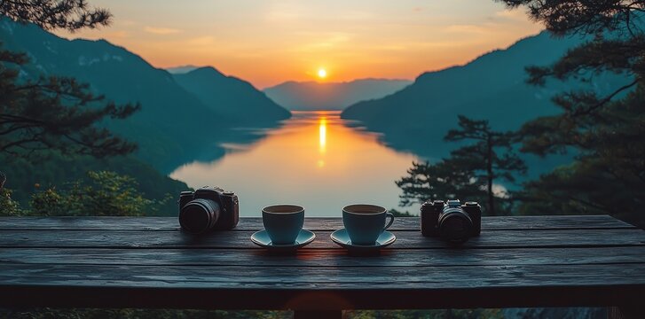 Modern freelancing environment. The desk setup comprises a laptop with a coffee cup on a wooden table, set against a nature setting