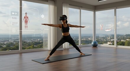 Woman Doing Yoga with VR Headset and Futuristic Display