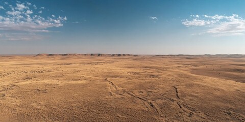 A sprawling desert dotted with the skeletal remains of a long-dried lake, its cracked surface a stark reminder of the severe drought