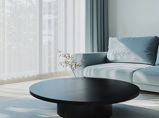 The room showcases a chic deep color scheme, complemented by a modern blue design featuring navy furniture. An untouched white wall is ideal for art. The design is suitable for a home lounge,