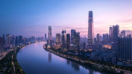Fototapeta premium Neon-Lit Futuristic Chinese Cityscape with Glowing River - Ultra-Detailed and Cinematic View of High-Tech Skyscrapers Influenced by Traditional Architecture