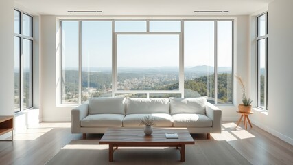 Fototapeta premium Modern minimalist living room with panoramic window views