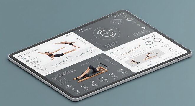 Isometric Tablet Displaying Pilates Workout App Interface