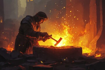 Blacksmith Forging Metal in Fiery Furnace Ruins