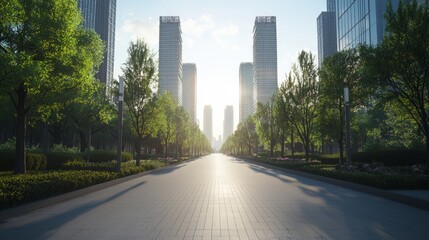 Obraz premium Futuristic China: Cinematic View of Wide Boulevard with Curving Towers and Animated Calligraphy Panels