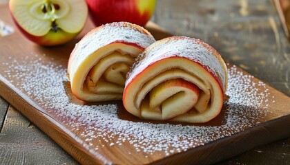 Delicious Apfelstrudel with Apple Slices and Powdered Sugar on Wooden Board
