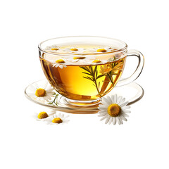 A glass cup of chamomile tea with flowers isolated on a transparent background, in PNG format, Herbal tea PNG
