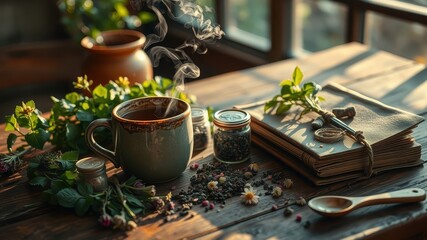 Aromatic herbal tea steams in a rustic mug, nestled amidst wildflowers and dried herbs on a wooden table, beside a vintage journal