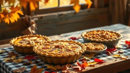 Fototapeta premium Golden-crusted autumn pies and crumbles displayed on a rustic checkered table, surrounded by colorful fall leaves