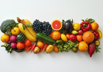 Vibrant Array of Fresh Fruits and Vegetables Displayed on a White Surface, Showcasing a Colorful Variety for a Healthy Lifestyle and Culinary Inspiration