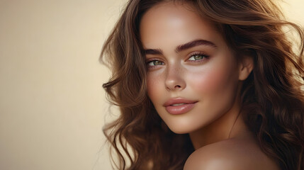 Fototapeta premium Beautiful model girl with long wavy and shiny hair . Brunette dirl with curly hairstyle. Beauty smiling woman with curly hairstyle dye .Fashion, cosmetics and makeup . Cosmetology