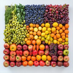 Vibrant Array of Fresh Fruits Displayed in a Colorful Grid Pattern Featuring Grapes, Apples, Citrus, and Berries for Health and Wellness Concepts