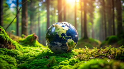 Globe in the green forest. Ecology concept.