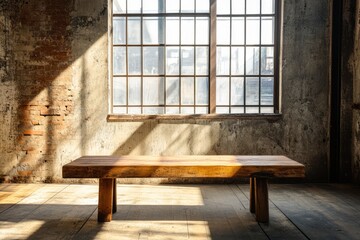 A rustic wooden bench in an urban loft