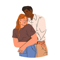 Lovers passionately embracing. Vector image or isolated clipart. Couple or family hugging each other. Romantic relationship. Young people in love. Valentines day. Romance and feelings. Love you.