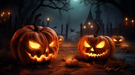 Spooky Halloween Night with Jack-o'-Lanterns and Full Moon