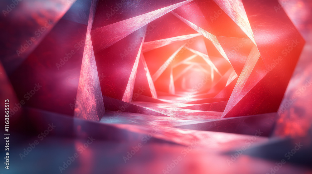 Poster a spiral of glowing triangles rotating endlessly,