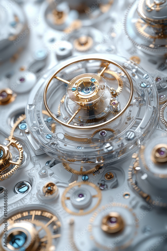 Poster An abstract mechanism with rotating parts emitting soft light,