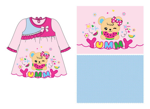 dress with geber cut model featuring onde motifs, floral patterns, and cute cartoon images
