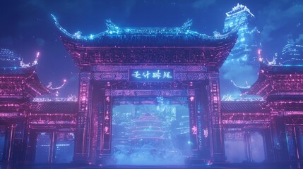Fototapeta premium Futuristic China: Enormous Digital Screen Displaying Advanced Weather Analytics Above Ancient Gate in Calligraphy Form - Cinematic Ultra-Detailed Image