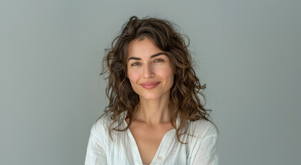 Woman in 20s to 30s pose in casual white attire with understated white gray backgrounds, exuding tranquility and elegance through simplicity.