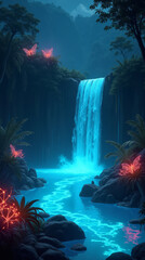Hidden Oasis with Glowing Waterfalls Cascading into a Serene Bioluminescent Pool – Phone Wallpaper HD