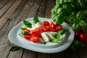 Mozzarella with basil and cherry tomatoes on an old wooden table.